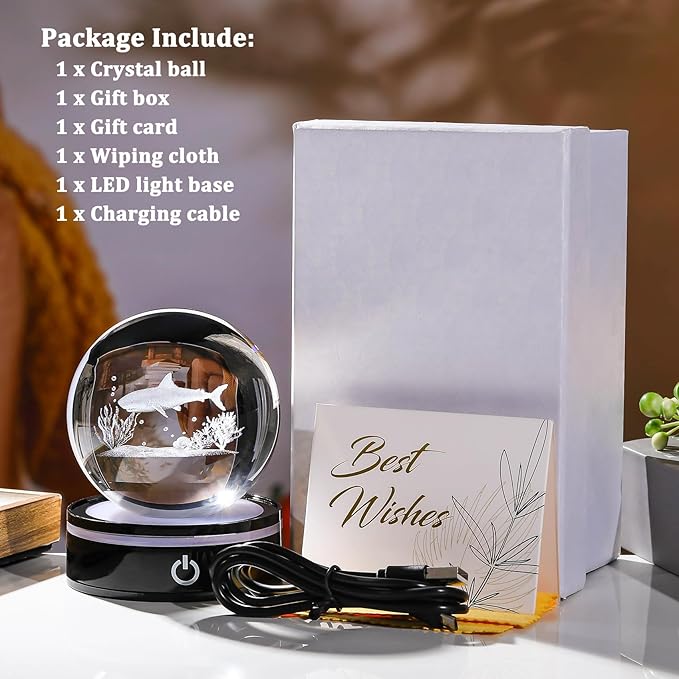 YWHL 3D Shark Figurine Crystal Ball with Colorful Light Base, Shark Gifts for Women Men Shark Lovers on Christmas Birthday, 3D Laser Engraved Shark Sphere Glass Ball for Home Office Decoration (80mm)