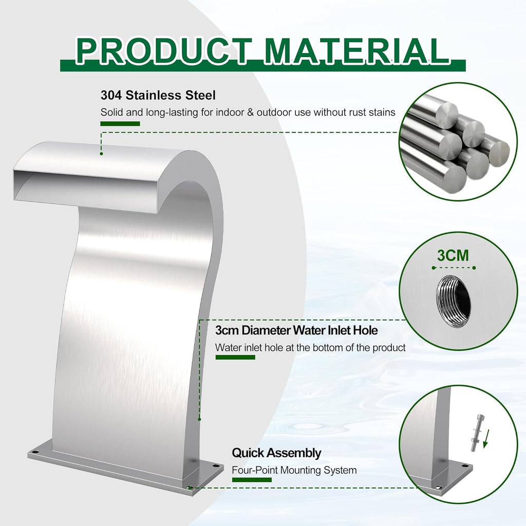 Pool Waterfall Fountain Stainless Steel Fountain 22.60'' x 10.55'' x 14.57'' Silver Pool Fountains for Ground Pools Garden Outdoor Waterfalls Sheer Descent Pond Water Feature