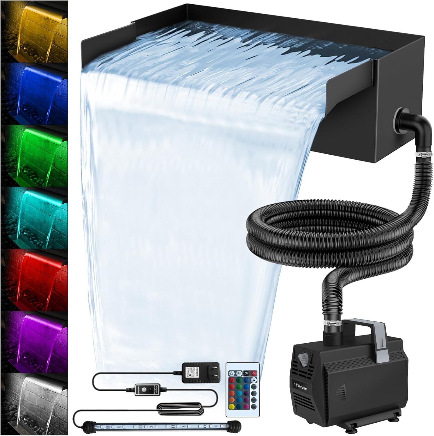 All-in-1 Pond Waterfall Kit with LED Lights, 8 inch Stainless Steel Spillway with 600GPH Water Pump, Outdoor Waterfall Fountain for Water Feature, Garden, Backyard, Pool