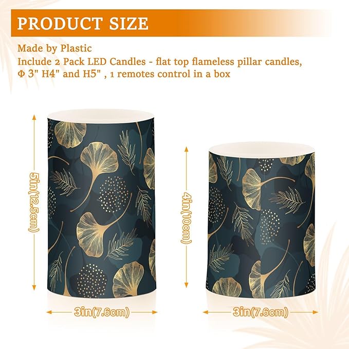 Flickering Flameless Candles, Golden Ginkgo Leaf LED Candles with Remote Timer, Set of 2 Battery Operated Candle for Valentine Wedding Birthday