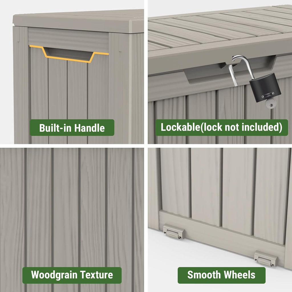 Mars Villa 72 Gallon Deck Box, Outdoor Storage Box Waterproof, Outside Resin Storage Bin for Patio Furniture Cushions, Pool Supplies, Garden Tools, UV-Resistant and Weatherproof, with 4 Wheels, Greige