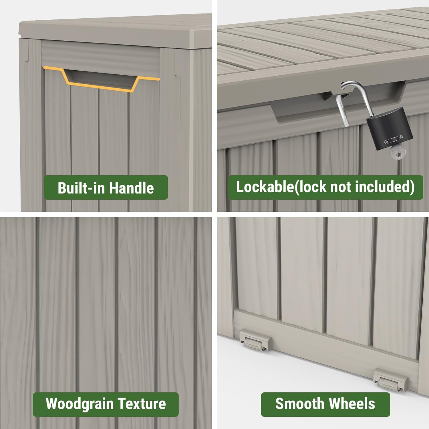 Mars Villa 72 Gallon Deck Box, Outdoor Storage Box Waterproof, Outside Resin Storage Bin for Patio Furniture Cushions, Pool Supplies, Garden Tools, UV-Resistant and Weatherproof, with 4 Wheels, Greige