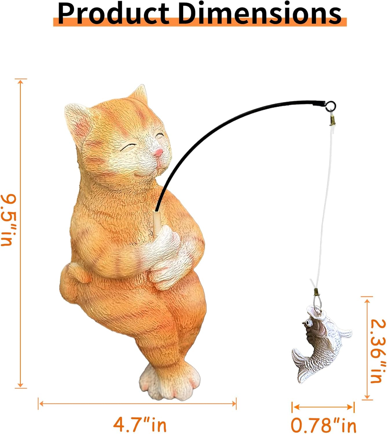 Garden Funny Orange Cat Pond Statue - 11" Cat Fishing Poolside Decor, Animals Outdoor Statue