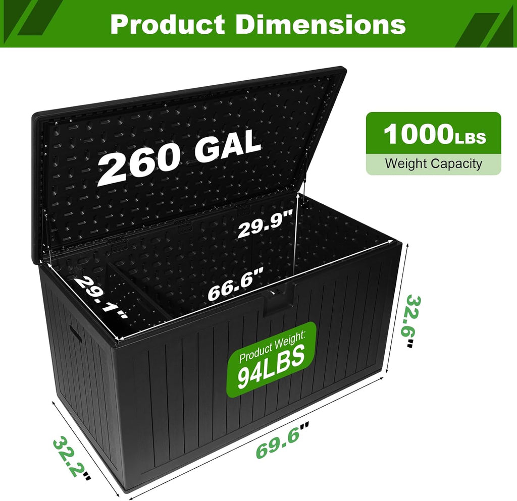 260 Gallon Outdoor Storage Box Waterproof, Extra Large Plastic Outside Deck Box Weatherproof, Resin Outdoor Cushion Storage Container with Lock and Lids for Cushion and Pool Equipment, Black