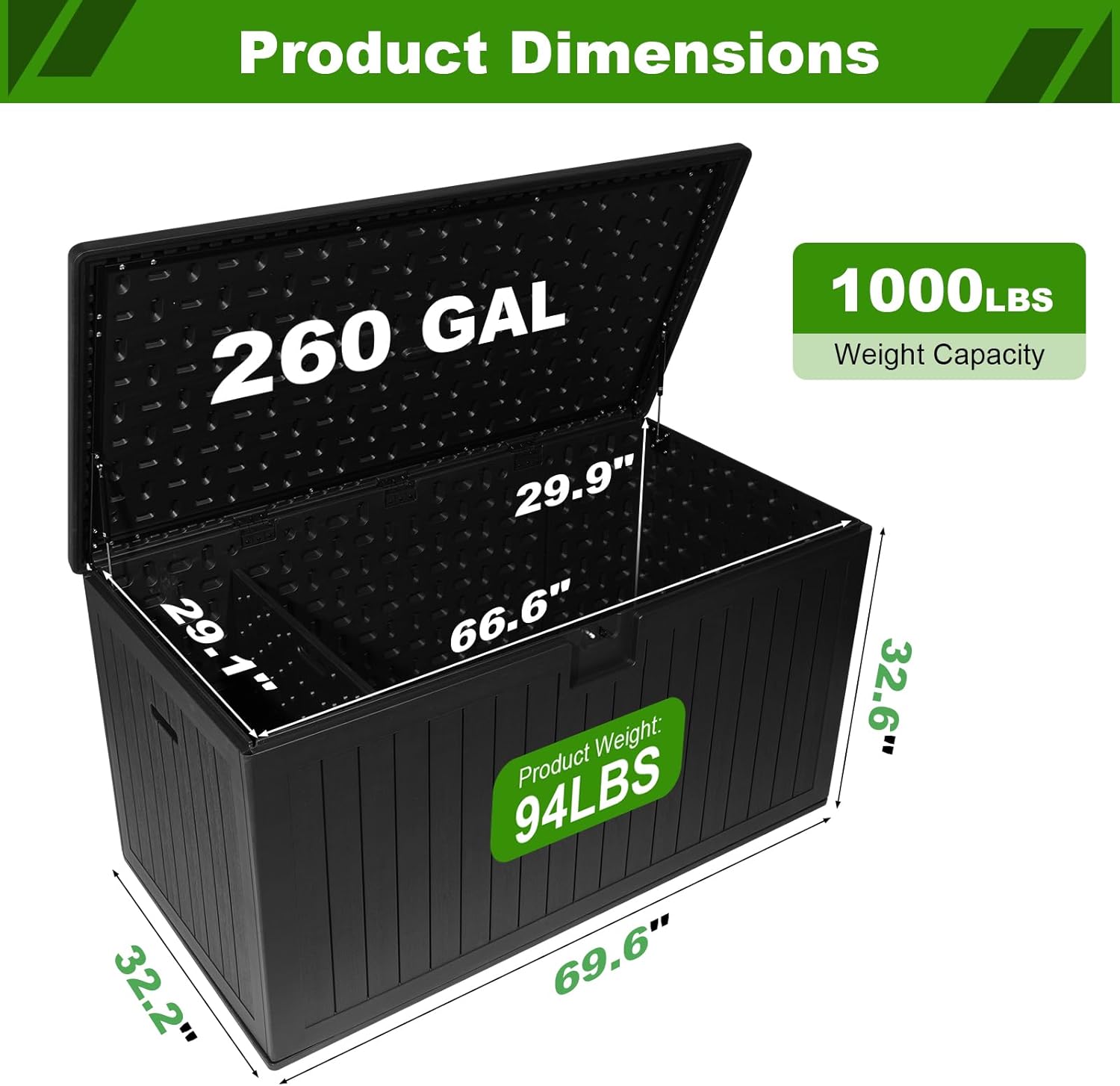 260 Gallon Outdoor Storage Box Waterproof, Extra Large Plastic Outside Deck Box Weatherproof, Resin Outdoor Cushion Storage Container with Lock and Lids for Cushion and Pool Equipment, Black