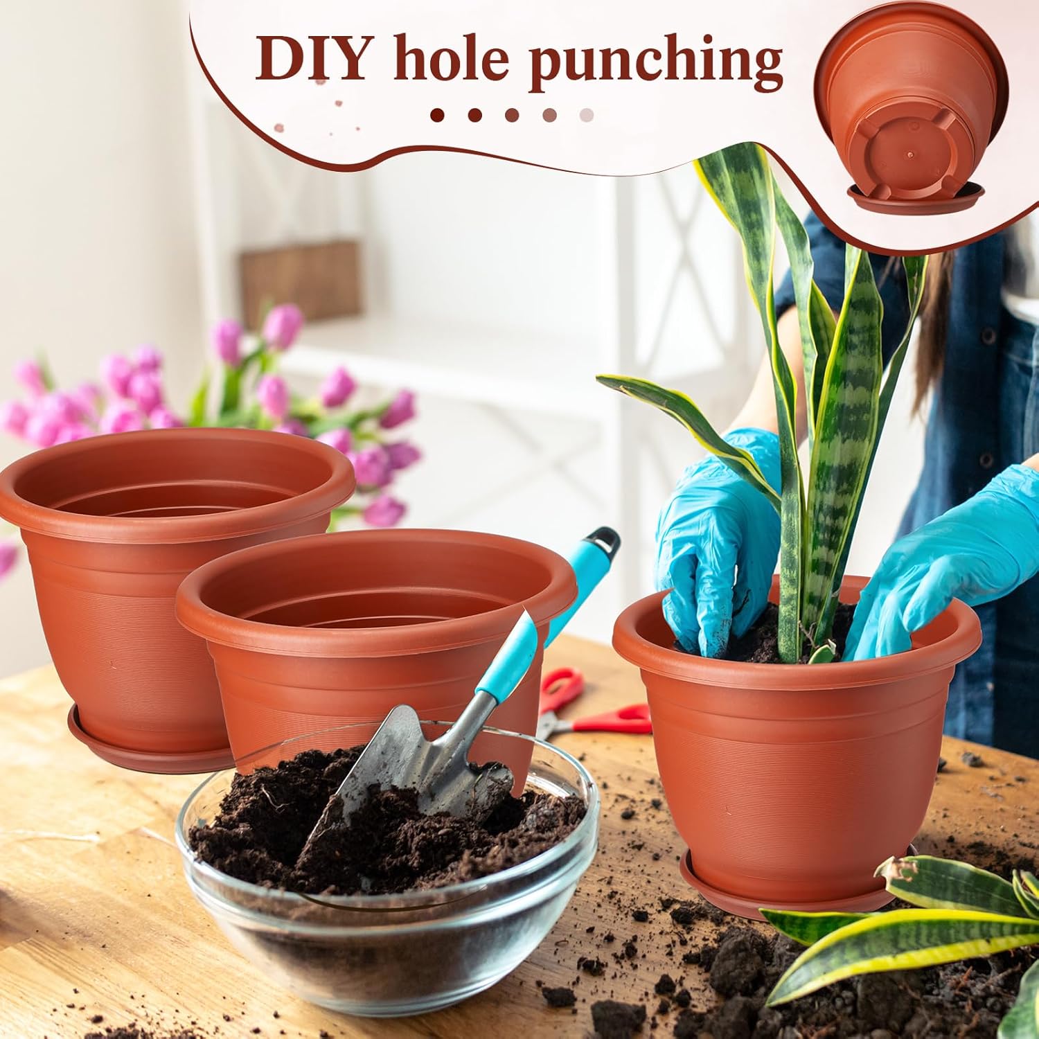 12 Pack 8+'' Plastic Plant Pots Round Planter Pots with Saucer Tray Seedling Pots with Holes Seed Resin Plant Pot Starting Nursery Flower Container with Pallet for Garden Outdoor Indoor