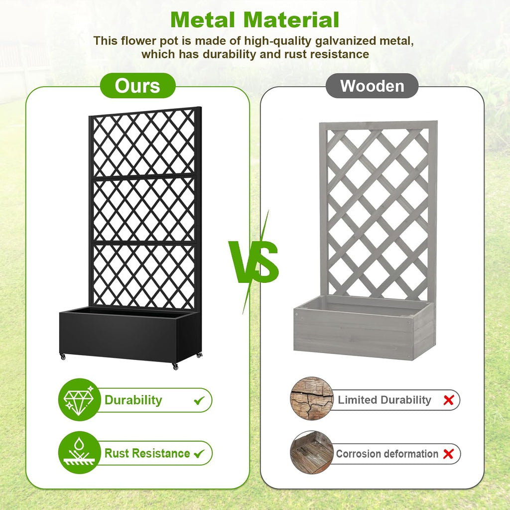 Metal Planter Box with Trellis, 72"x35"x16" Metal Raised Garden Bed with Trellis, Trellis Planter Box with Drainage Holes & Lockable Casters for Climbing Plants, Vegetables, and Vines