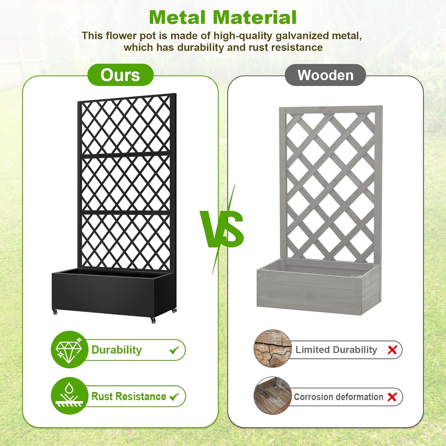 Metal Planter Box with Trellis, 72"x35"x16" Metal Raised Garden Bed with Trellis, Trellis Planter Box with Drainage Holes & Lockable Casters for Climbing Plants, Vegetables, and Vines