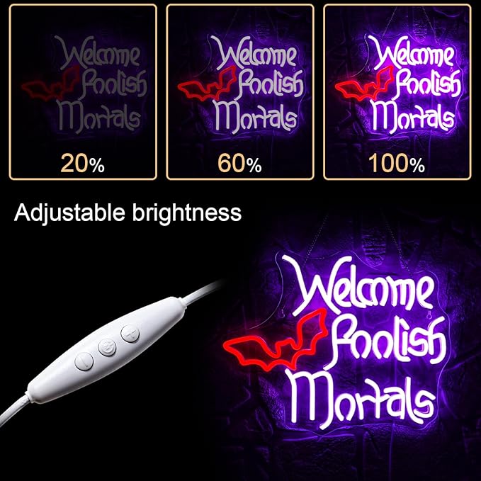 Welcome Foolish Mortals Neon Sign Halloween LED Neon Signs for Wall Decor Halloween Neon Light USB Light Up Sign for Halloween Decor Halloween Party Decoration,Door,Windows,Bar,Man Cave