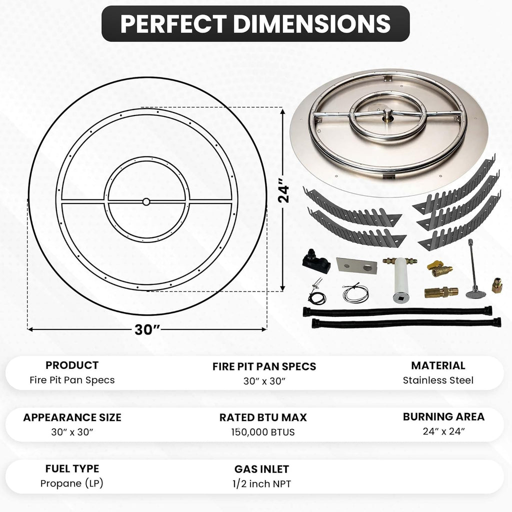 Stainless Steel Fire Pit Burner Pan & Ring Pro Kit for Liquid Propane, 30-Inch Pan, 24-Inch Ring, 150,000 BTU Max