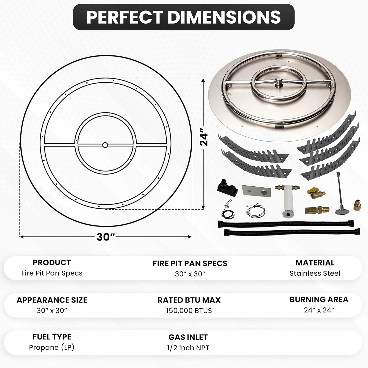 Stainless Steel Fire Pit Burner Pan & Ring Pro Kit for Liquid Propane, 30-Inch Pan, 24-Inch Ring, 150,000 BTU Max