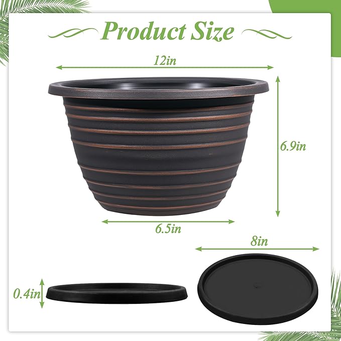 12 Inch pots for Plants, Plastic 3 Pack Large Planter Pots for Outdoor Plants with Drainage Holes & Saucers, Retro Antique Imitation Decorative Garden Indoor Flower Pots(Red Brown)