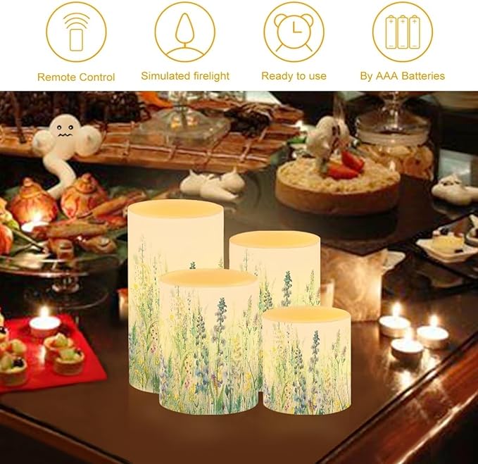 Flameless Candles Battery Powered LED Candles with Remote Timer Color Changing Control for Indoor Outdoor Home Table Beach Wedding Decoration Set of 4, Blue Green Floral