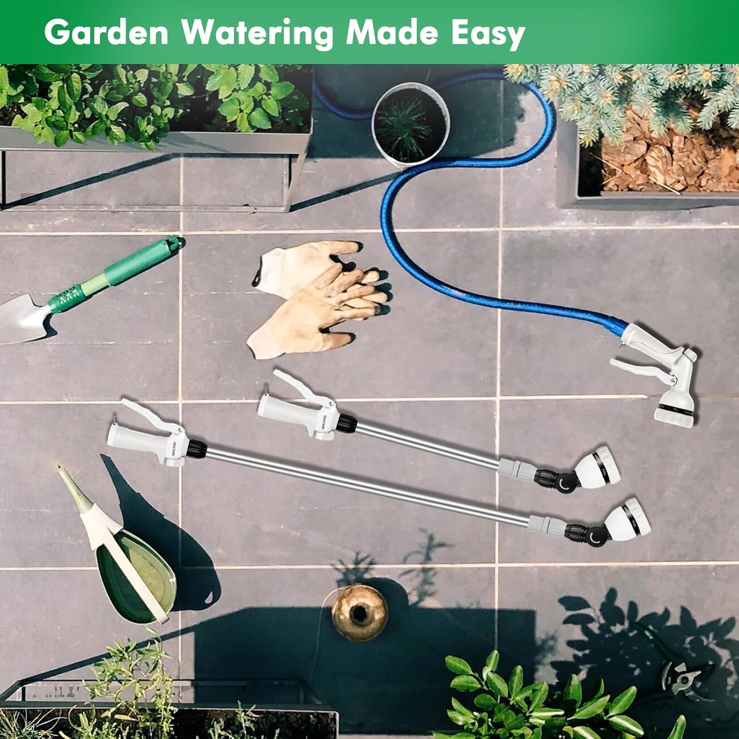 RESTMO 36”-60” Metal Watering Wand, Long Telescopic Tube | 180° Adjustable Ratcheting Head | 7 Spray Patterns | Flow Control, Garden Hose Sprayer to Water Hanging Baskets, Shrubs, White