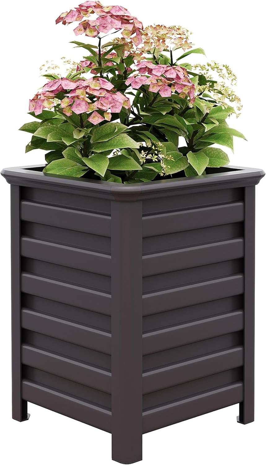 Aluminum Outdoor Planter - 19.68" Tall Planter Box for Patio Porch Indoor or Outdoor Durable Weather-Resistant Large Planters for Flowers with Drainage Hole, Dark Brown, 19.68"D x 19.68"W x 27.56"H