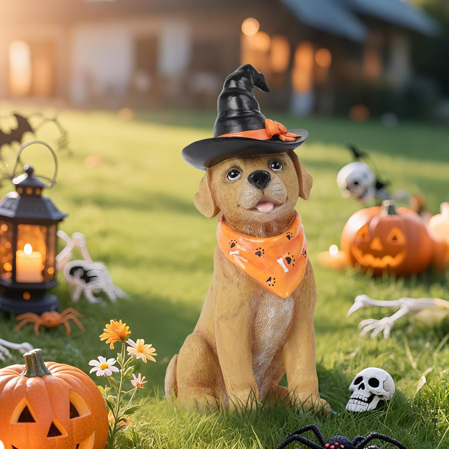 Halloween Decorations Indoor Dog Statue - Halloween Decor Figurine for Outdoor Indoor Mysterious Gothic Tabletop Puppy Sculpture Witch hat, Spooky Gifts Ghost Garden Decorations Rottweiler 5x7x13INCH