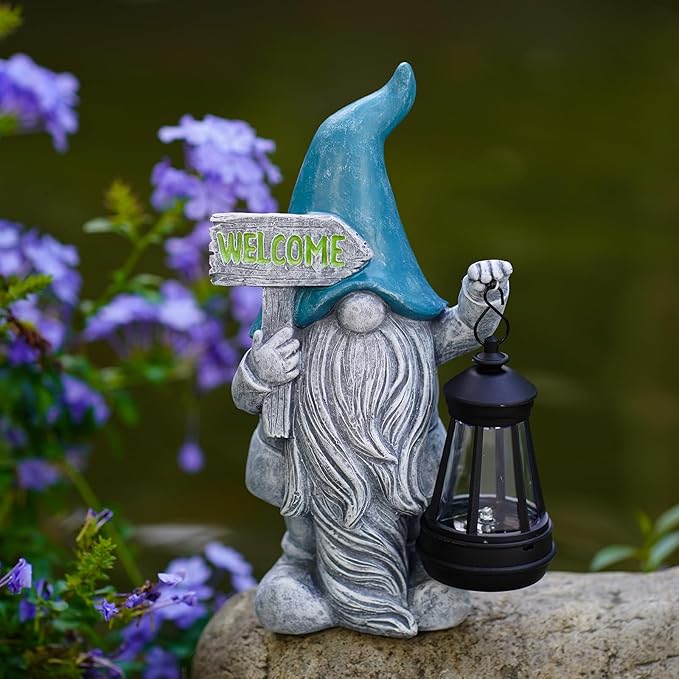 Welcome Gnomes with Solar Lantern - Garden Gnomes with Solar Lights, for Mom or Women, Housewarming Gnome Decorations
