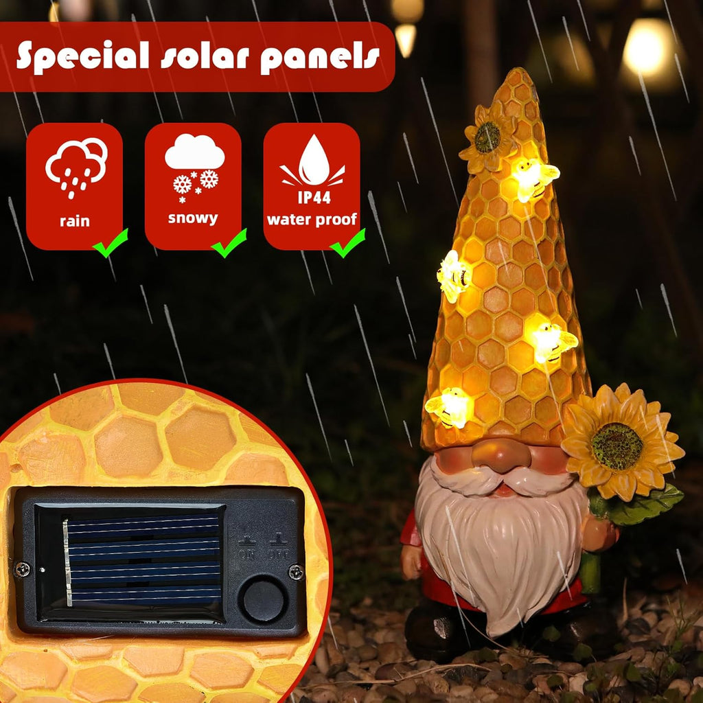 Solar Gnome Garden Decor Outdoor Statue - Gnome Sunflower LED Waterproof Sculptures Lights, Gnome Pond/Yard Statues Outside Decoration, Home, Lawn, Patio, Resin Animal Ornament, Women/Gardening Gift