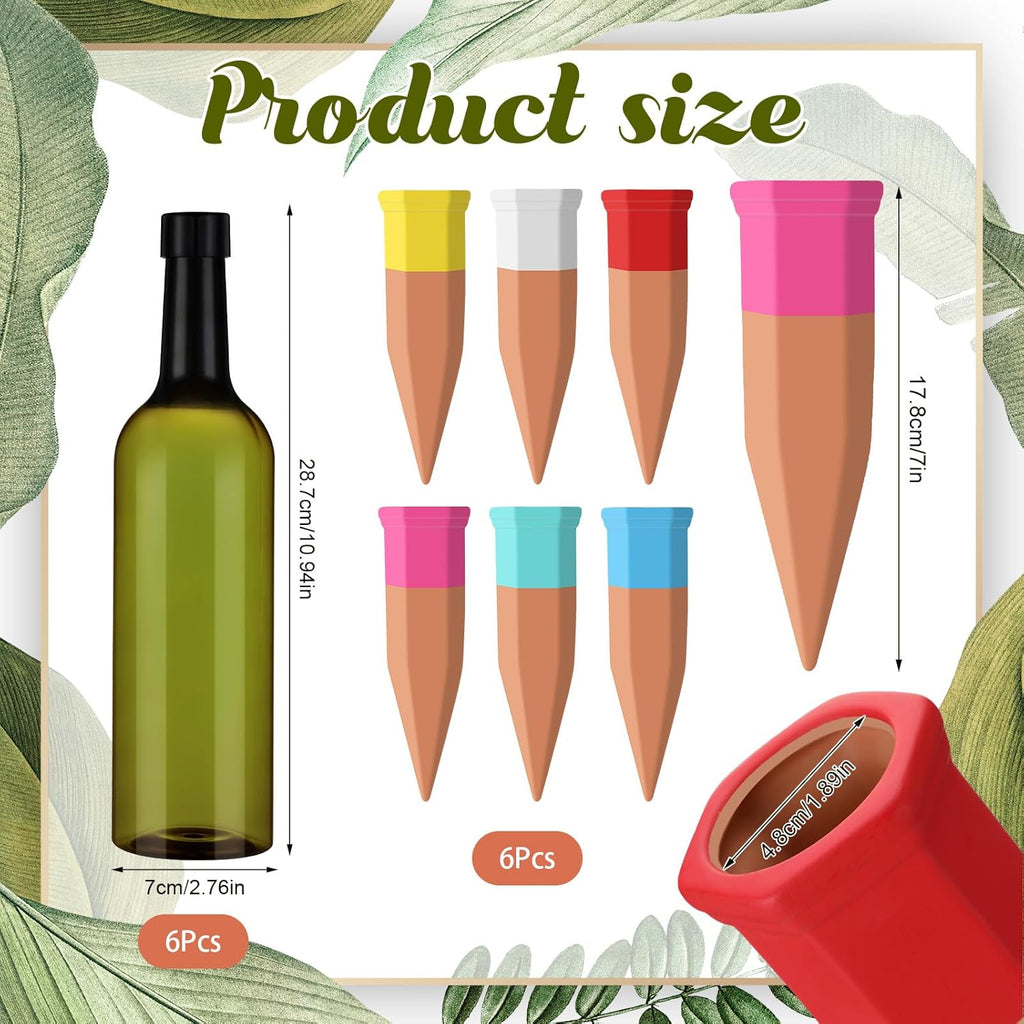 12 Pack Plant Watering Devices Include 6 Terracotta Self Watering Spikes and 6 Pcs 26 oz Plastic Bottles, Slow Release Vacation Insert Automatic Plant Waterer Device (Mixed Colors)