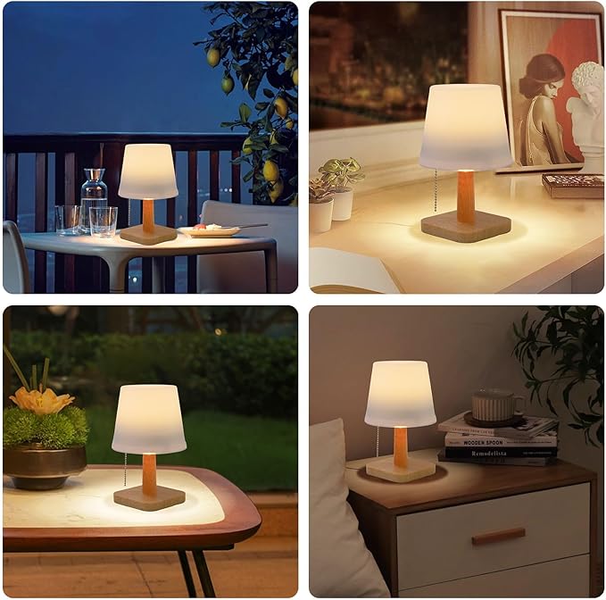 pearlstar Solar Table Lamp Outdoor - 2 Pack LED Waterproof Cordless Solar Desk Lamp with Pull Chain 2 Lighting Modes, Auto ON/Off for Outside Patio Coffee Table Garden Bedroom Living Room(White)