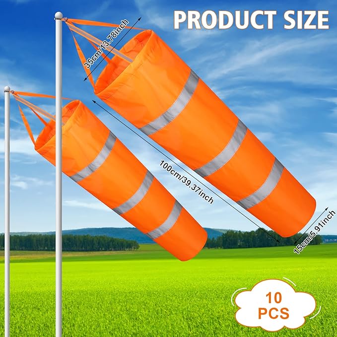 10 Pcs Airport Windsocks 40 Inch Outdoor Hanging Heavy Duty Wind Direction Measurement Wind Sock Windsocks with Reflective Belt for Outdoors Airport Farm Park (Orange)
