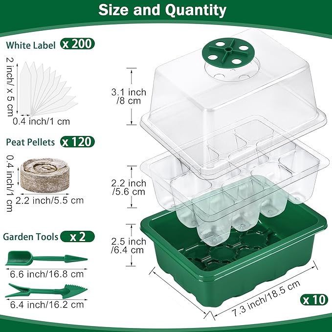 10 Sets Seed Starter Tray Kit Seed Starter Trays with Humidity Dome and Base Include 120 Peat Pellets 200 Plant Labels Garden Tools Plant Germination Tray Set for Indoor Outdoor Planting, Green