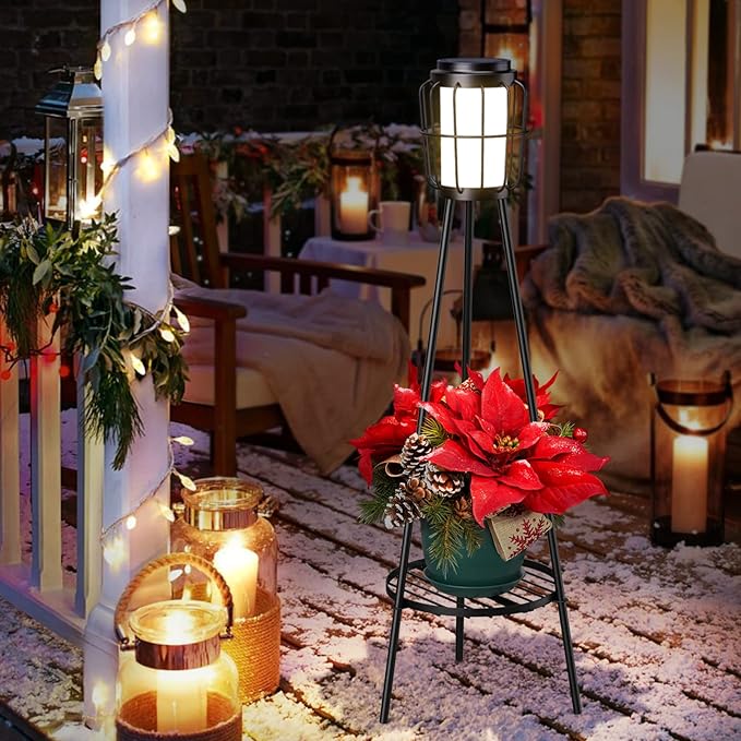 2 Pack Solar Lights Outdoor with Plant Stands, Solar Floor Lamp, Solar Powered Street Lights Metal Tripod Deck Lights, Patio Decor for Garden Yard Pathway Driveway Porch