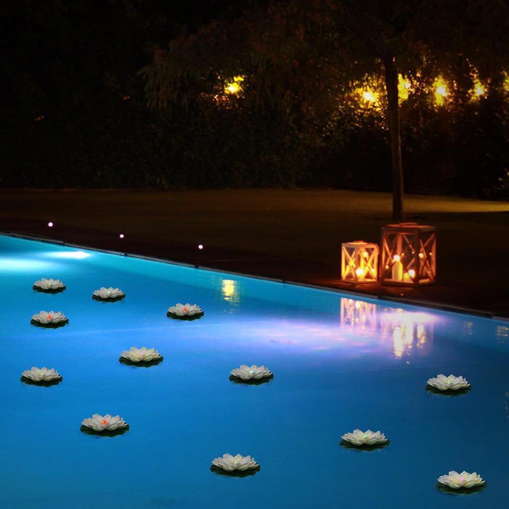 12 PCS Floating Lotus Lights - Artificial LED Lotus Waterproof Battery Operated Water Activated Color Changing Fake Lily Pad Lights for Pool Pond Lantern Garden Outdoor Decor