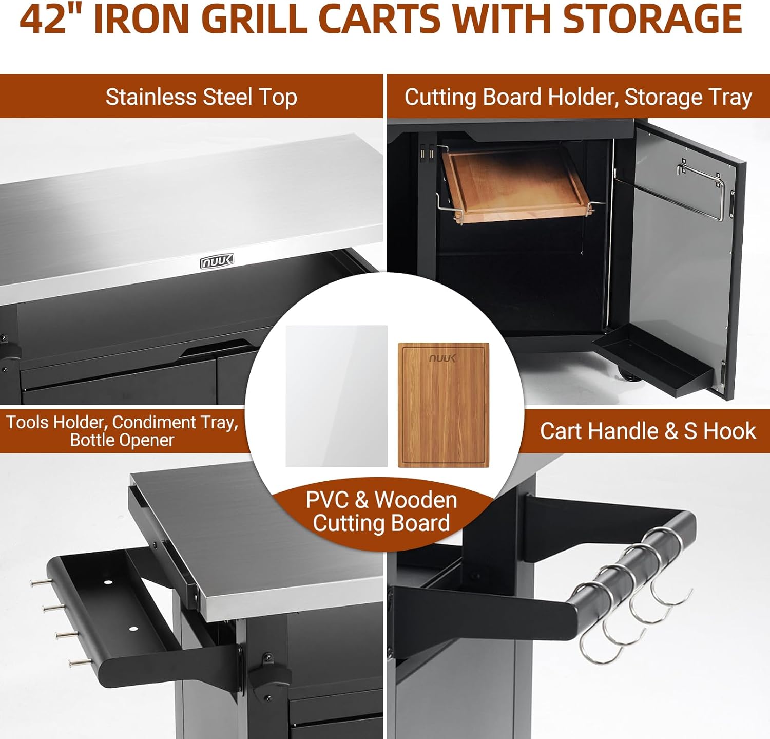 NUUK Outdoor Grill Cart with Storage Cabinet Metal Kitchen Island Prep Table with Movable Universal Wheels and Stainless Steel Top for Outside BBQ Backyard Include Hooks Spice Rack