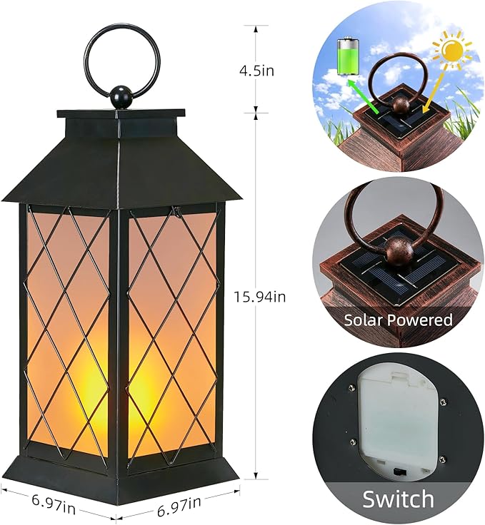 18" Solar Lanterns Outdoor Waterproof, Glass Solar Flickering Flame Lantern Large Hanging Solar Lantern Metal Decorative for Patio Garden Backyard Outside Tabletop (Vintage Black)