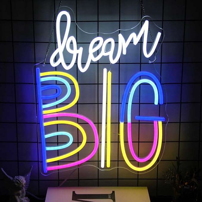 Dream Big Neon Signs for Wall Decor Colorful Letter Neon Sign Inspiring Quotes Neon Light LED Motivational Decor Dream Neon Light Sign for Bedroom Classroom Office Dorm Decoration