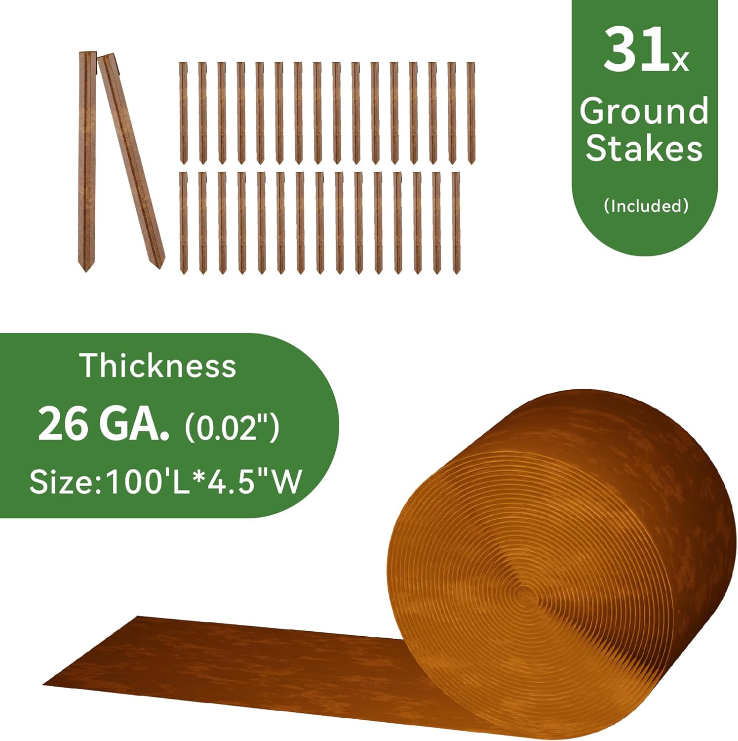 Worth Galvanized Steel Landscape Edging 4.5" x100' Metal Garden Edging Roll Flexible Bender Border with 31Pcs Stakes for Lawn, Flower Bed Edges, Rust-Like Color