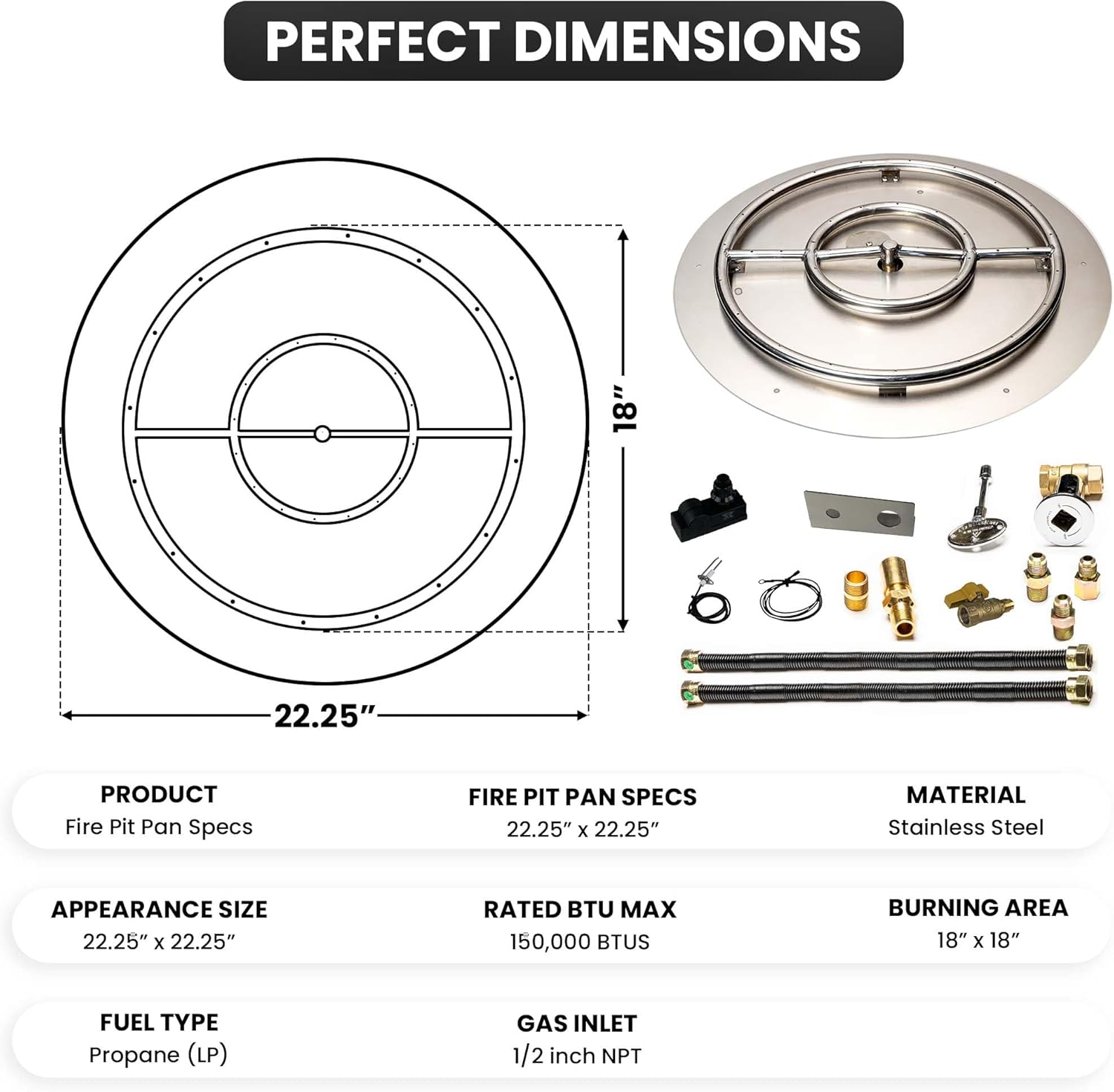Stainless Steel Fire Pit Burner Pan & Ring Deluxe Kit for Liquid Propane, 22-Inch Pan, 18-Inch Ring, 150,000 BTU Max