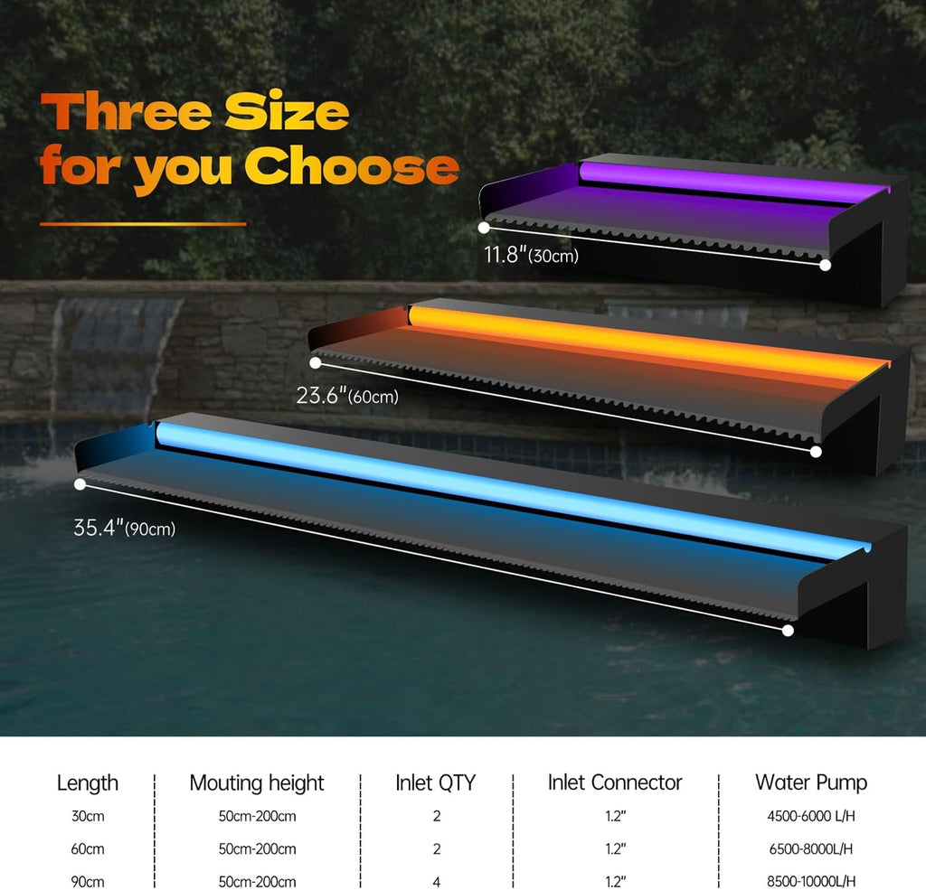 Pool Waterfall Spillway Stainless Steel Pond Fountain, APP Control Colorful LED Lighted Outdoor Black Fountains, Water Flow Spillways Kit for Koi Pond, Swimming Pool, Garden-11.8"x7.8"x3.9"