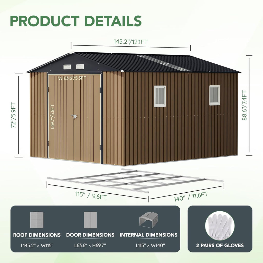 10X12X7.5 FT Outdoor Steel Storage Shed with Lockable Doors, 2 Windows, Transparent Roof Panels, Metal Frame Floor (Wood Panels Not Included), Ideal for Backyard, Patio Storage,Chicken Coop，Brown