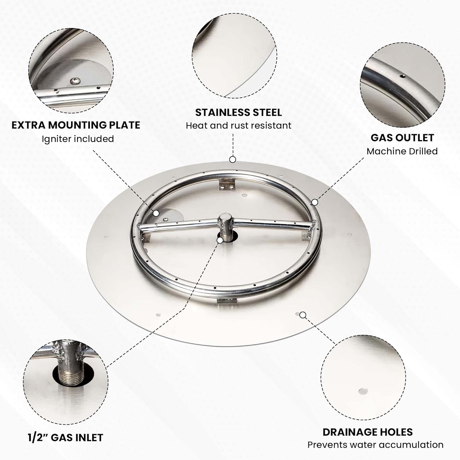 Stainless Steel Fire Pit Burner Pan & Ring Pro Kit for Natural Gas, 18-Inch Pan, 12-Inch Ring, 90,000 BTU Max