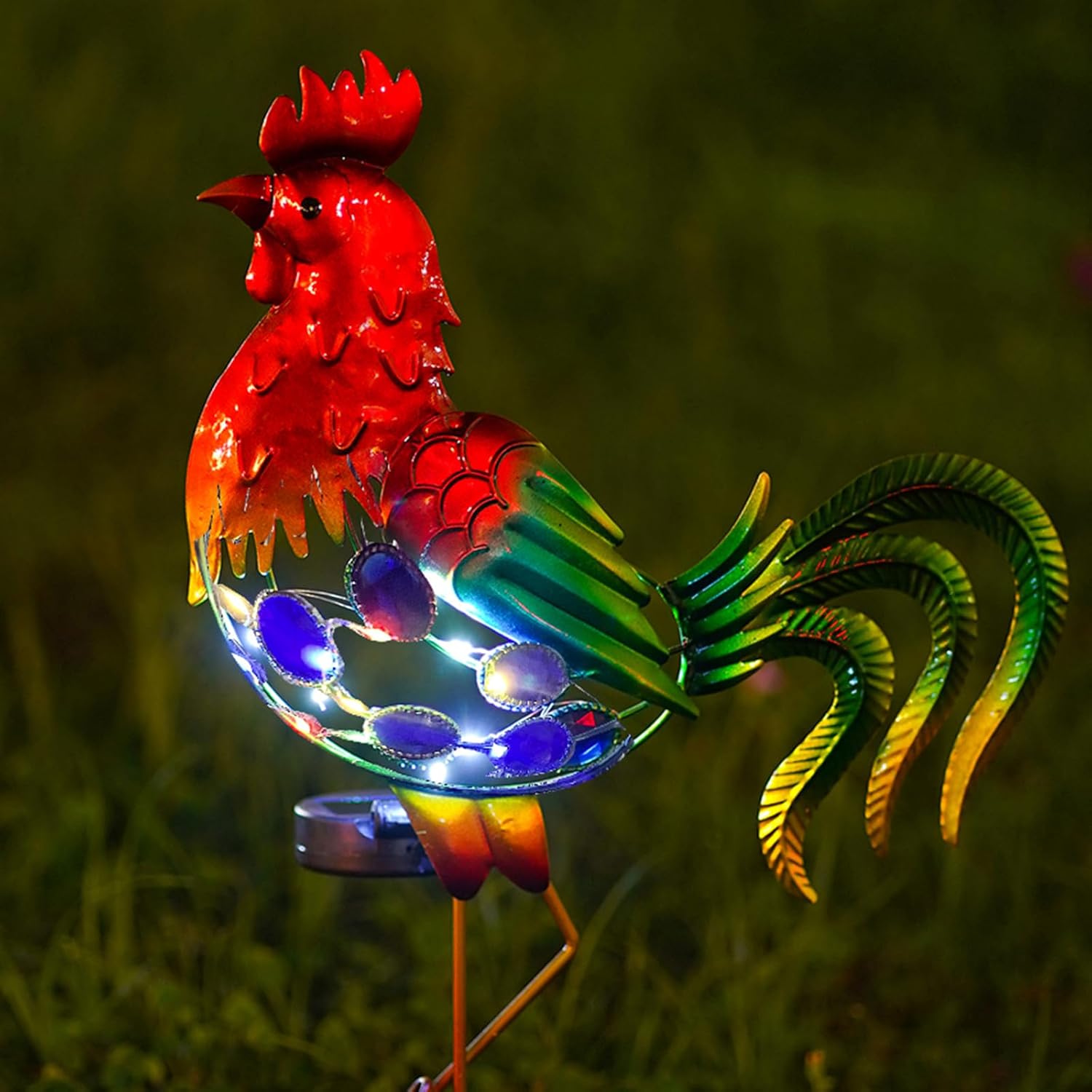GDF 20" Chicken Decor - Outdoor Rooster Decor Solar Lights -Metal Rooster Garden Decorations for Yard Pathway Lawn Patio Courtyard, Gifts for Her/Him (Updated)