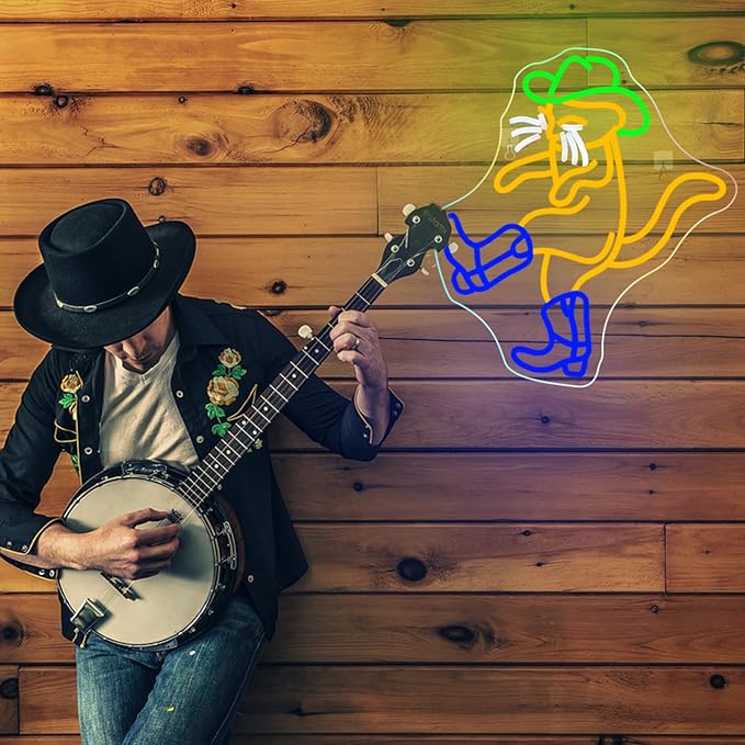 WLHOPE Cowboy Cat Neon Sign Neon Signs for Wall Decor Dimmable Cat Neon Lights Cowboy Hat Boot LED Sign for Bedroom Home Bar Club Party Western Decor