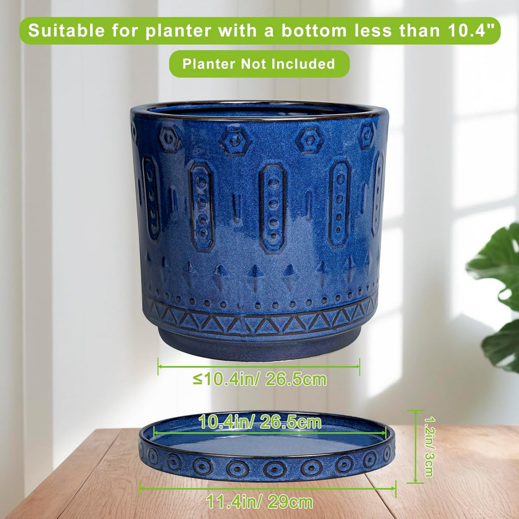 Plant Pot Saucer - 11.4 Inch Plant Saucer for Outdoors Ceramic Plant Tray for Indoors No Holes Large Plant Drip Trays Round Flower Pot Saucer Plant Dishes to Catch Water Blue