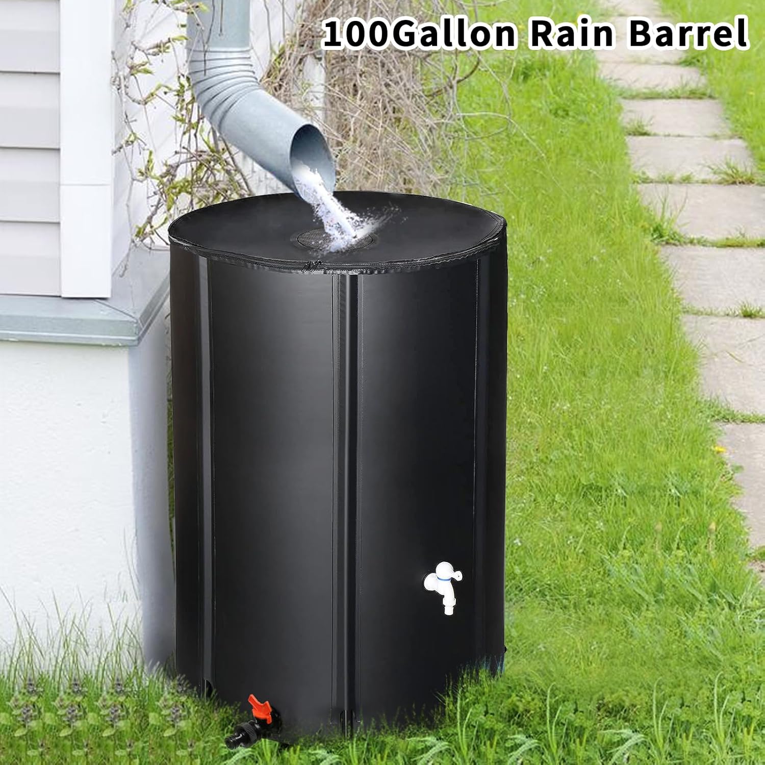 100 Gallon Collapsible Rain Barrel, Water Storage Tank, Portable Rainwater Collection System, Rain Catcher Barrel with Two Spigots and Overflow Kit, Rain Water Barrel Collector for Garden, Black