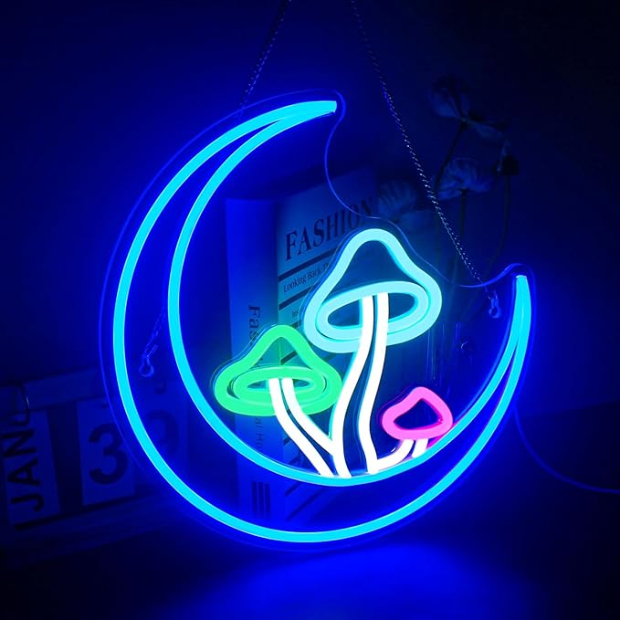 Moon Mushroom Neon Sign Blue Moon Neon Lights for Wall Decor Mushroom Light Up Signs USB LED Signs for Girls room Living Room Kids Room Home Bar Party Shop