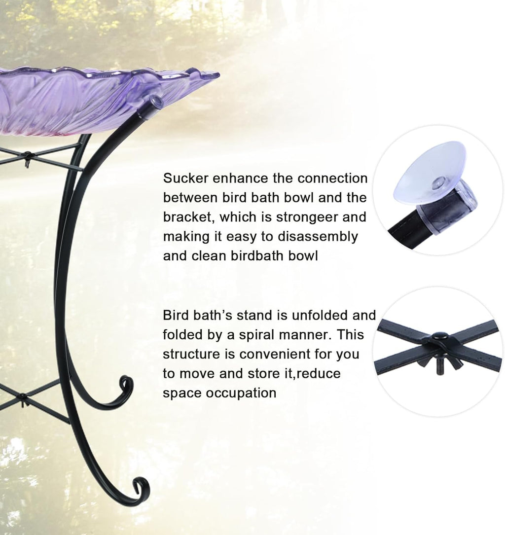 MUMTOP Outdoor Glass Birdbath with Metal Stand for Outside Yard Garden Decor, 18 inch Diameter Purple Bird Baths Bowl for Outdoors, 21 inch Height