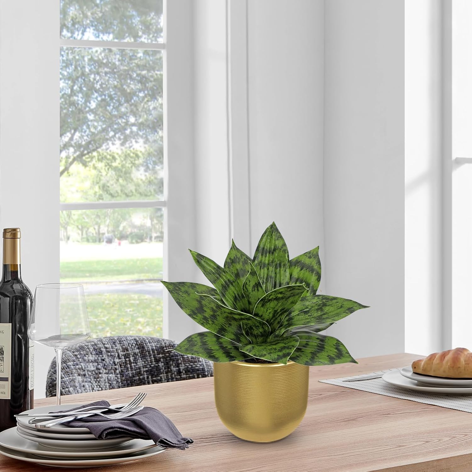 Hollyone Artificial Snake Plants 9" Faux Agave Succulent Plant Potted in Gold Pot Fake Sansevieria Aloe Tropical Plant for Desk Modern Office Home Bathroom Indoor Outdoor Decor