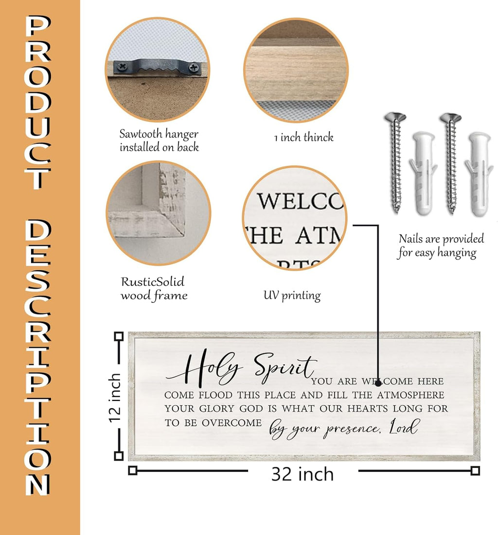 RLWangChao Christian Inspirational Wall Decor Holy Spirit You are Welcome Here Sign 32×12 Inch Bible Verse Plaque Religious Scripture Quote for Living Room Large Wood Framed Wall Hanging (White)