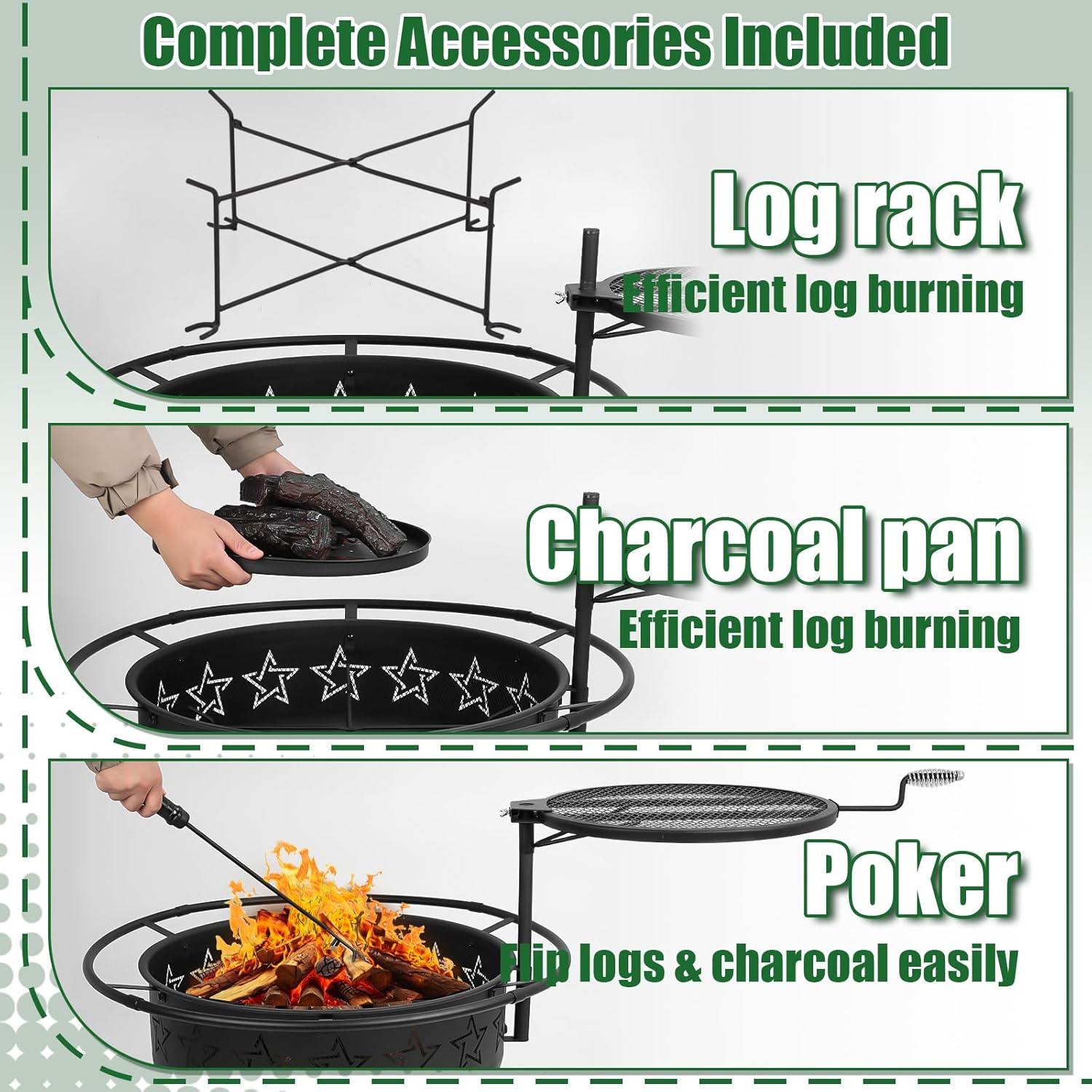 31" 2-in-1 Wood Burning Fire Pit with Swivel BBQ Grills & Spark Screen for Outside - Heavy Duty Outdoor Firepit with Charcoal Pan, Log Rack & Poker - for Backyard, Patio, Garden Bonfire