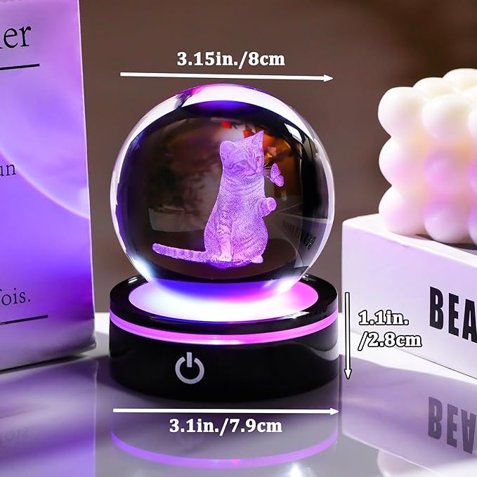 YWHL 3D Crystal Ball Cat Gifts for Women Cat Lover for Christmas Birthday, Laser Cat and Butterfly Figurine with LED Base, Cat Ornament Glass Decorative Ball Globe Night Light for Home Decor (80mm)