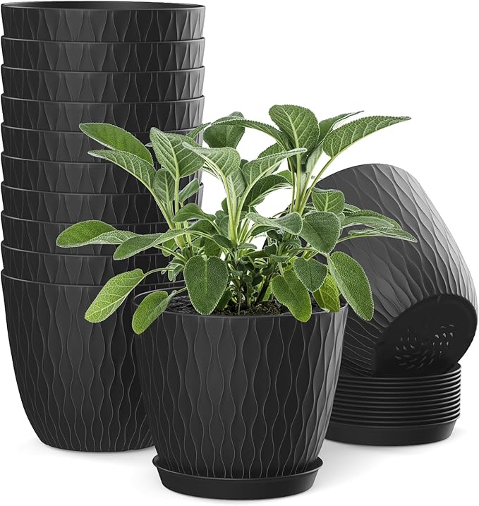 12 Pack 6 inch Plant pots, Plastic Planters with Drainage Holes and Saucers for Indoor Outdoor Flowers and Plants, Black