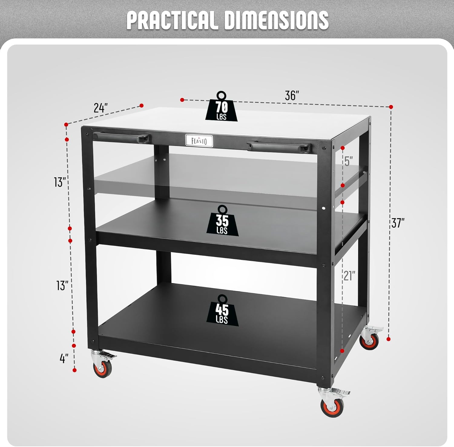 36''x 24'' Large Movable Pizza Oven Table for Outdoor, 304 Stainless Steel Grill Cart with Wheels, 3-Shelf Outdoor Kitchen Prep Table Pizza Oven Stand on Wheels for Pizza Oven& Griddle