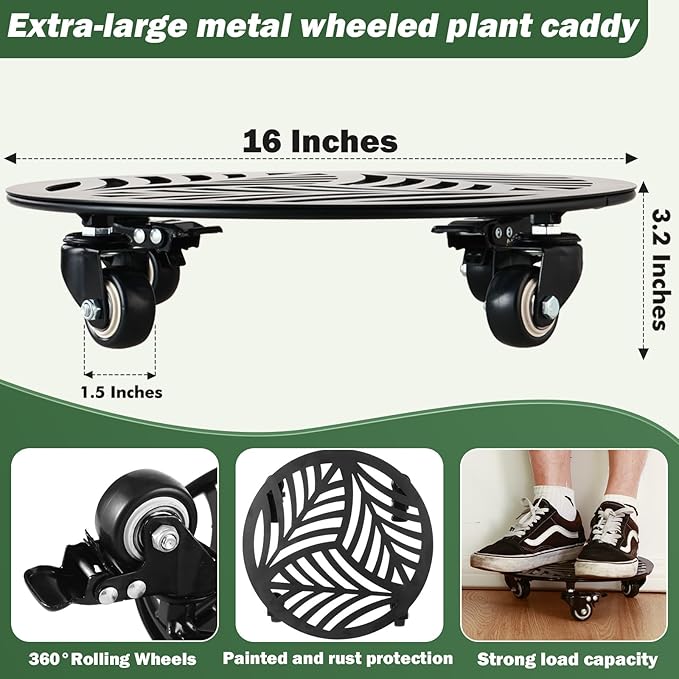 1 Pack 16 inches Extra-large Metal Plant Caddy with Wheels Heavy-duty Iron Rolling Plant Stand with Casters Indoor Outdoor Wheeled Plant Roller Base Pot Movers Plant Dolly Coaster Trolley Black