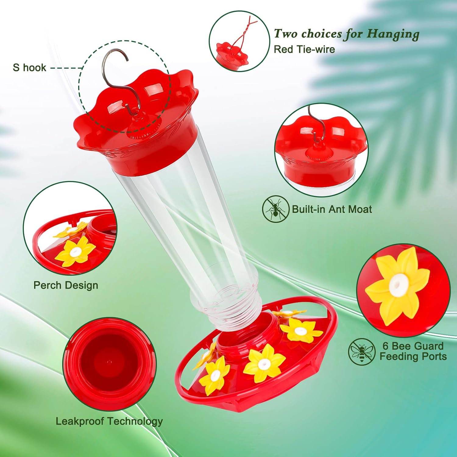 FEED GARDEN 10 OZ Hummingbird Feeders for Outdoors Hanging Ant and Bee Proof, Plastic Humming Birds Feeders for Outside with 5 Feeding Ports, Red Hanging Mount Hummingbird Feeder Easy Clean
